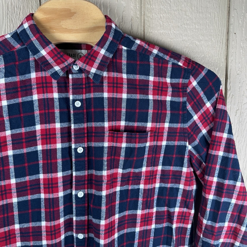 Line of Trade Mens Sz XL Plaid Flannel Long Sleeve Button Up Shirt Navy Blue Red
